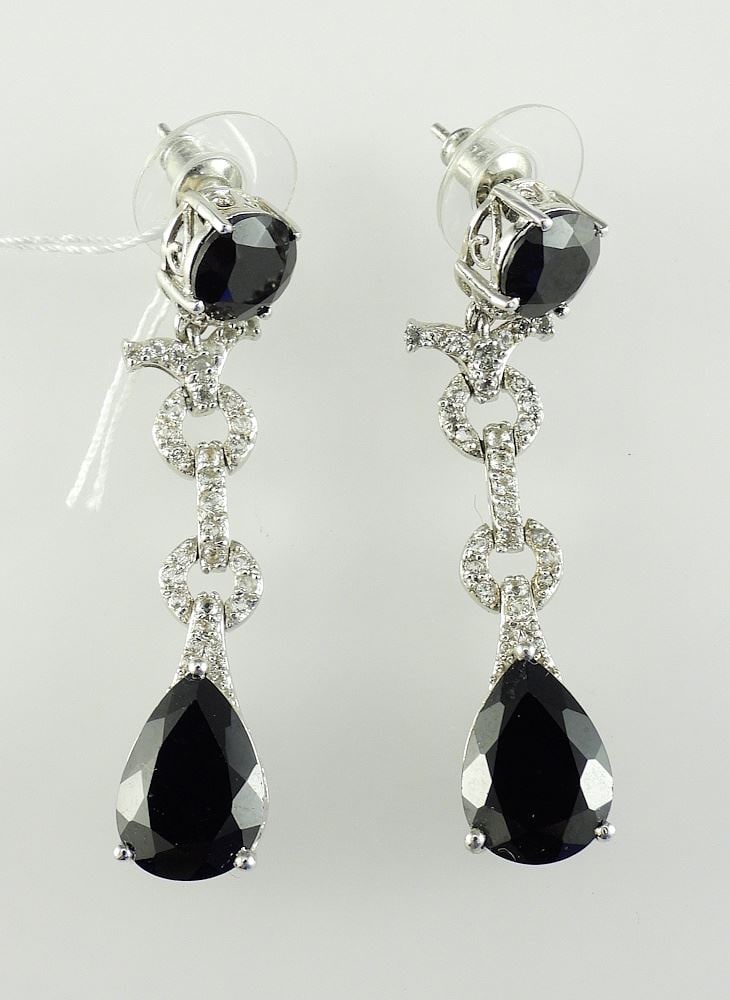 Pair of Sterling (925) Silver & Black Spinel Cocktail Earrings, 2"h, 11.9g. (1 of 3)