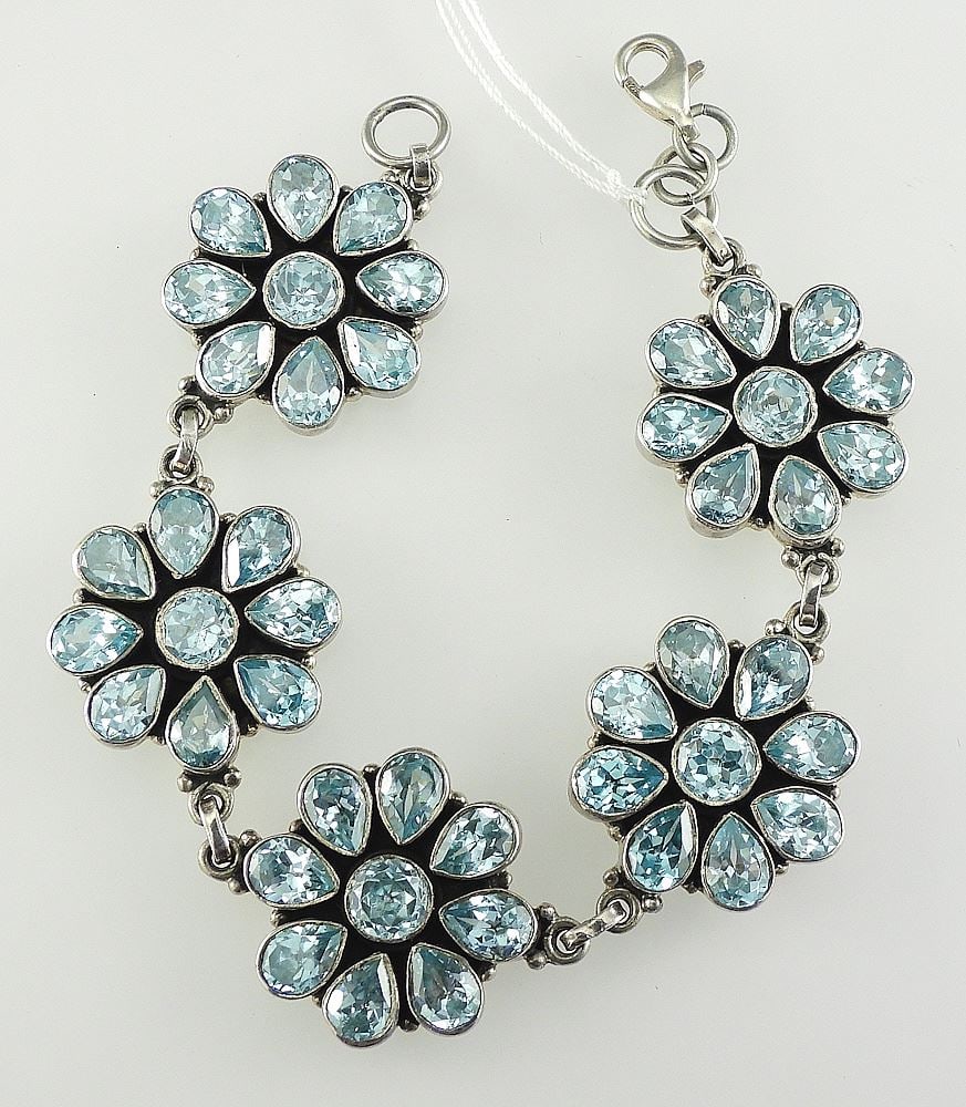Nepalese Sterling Silver (925) & Blue Topaz Florette Bracelet, 6 1/2" L, 37.6g.: Nepalese Sterling Silver (925) & Blue Topaz Florette Bracelet, 6 1/2" L, 37.6g.