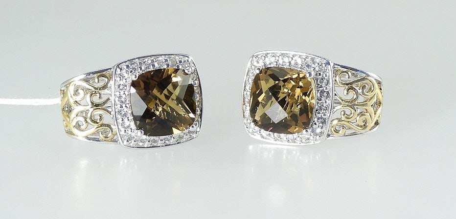 Pair of Sterling (925) Silver & Smokey Quartz Omega Back Earrings, 7/8"h, 8.9g.: Pair of Sterling (925) Silver & Smokey Quartz Omega Back Earrings, 7/8"h, 8.9g.