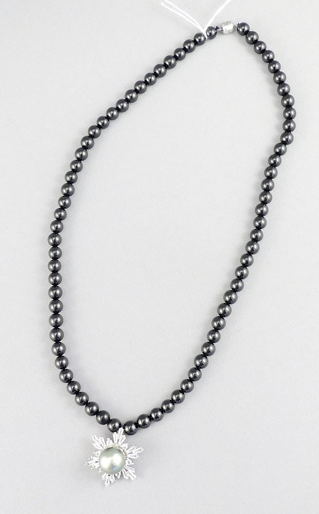 Black Onyx Bead Necklace w/Tahitian Pearl & White Topaz Star, 16"L.: Black Onyx Bead Necklace w/Tahitian Pearl & White Topaz Star, 16"L.