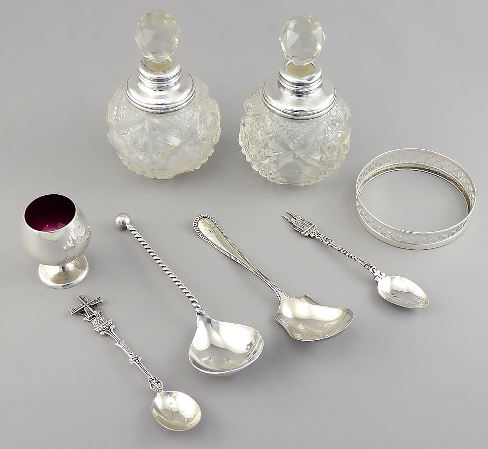 Pair of Hallmarked Silver Collared Dresser Bottles w/Collection of Silver Cut.,.800-.955, 113 (1 of 4)