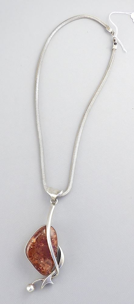 Silver Cord (marked 925) Necklace w/ Unmarked Amber Pendant, 17"L, 60g.: Silver Cord (marked 925) Necklace w/ Unmarked Amber Pendant, 17"L, 60g.