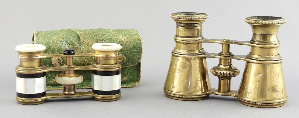 Two Pair Opera & Field Glasses: Brass & M.O.P, with Cases. (1 of 5)
