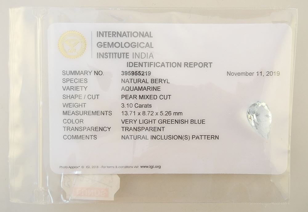 Natural Beryl Aquamarine 3.1ct w/Report.: Natural Beryl Aquamarine 3.1ct w/Report.