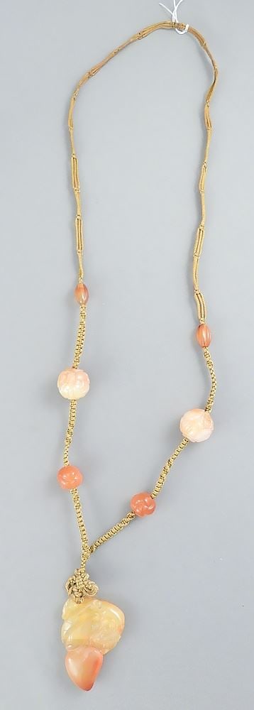 Chinese Hardstone Longevity Peach Pendant on Knotted Cord, 24"L.: Chinese Hardstone Longevity Peach Pendant on Knotted Cord, 24"L.