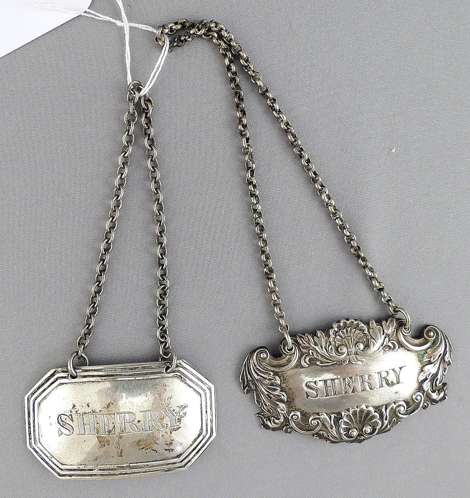 Two Hallmarked Silver Wine Labels, Sherry 1 7/8 & 2 1/4"L, 23.1g. (1 of 3)