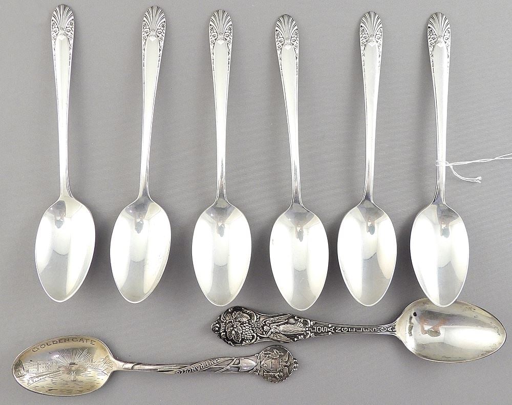 Eight Sterling Silver Spoons: 6 Northumbria/2 Old Souvenir, 218g. (1 of 5)