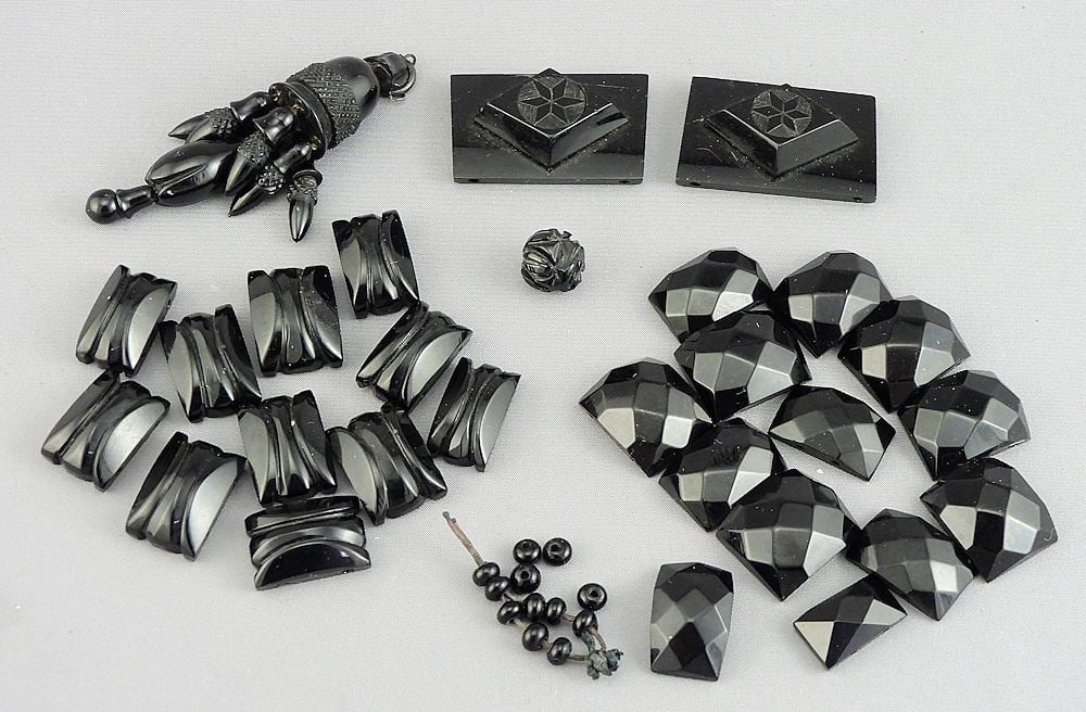 1800's Hand Carved Whitby Jet Bead & Pendant Collection, Largest Pendant 3"L. (1 of 2)