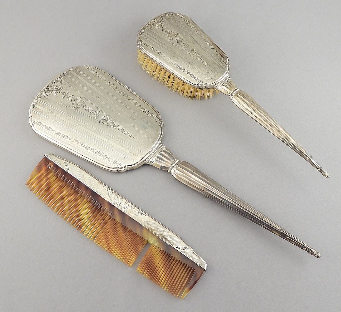 Three Piece Birks Sterling (marked) Silver Dresser Set, 8 - 13 1/4"L, TW 538g.: Three Piece Birks Sterling (marked) Silver Dresser Set, 8 - 13 1/4"L, TW 538g.