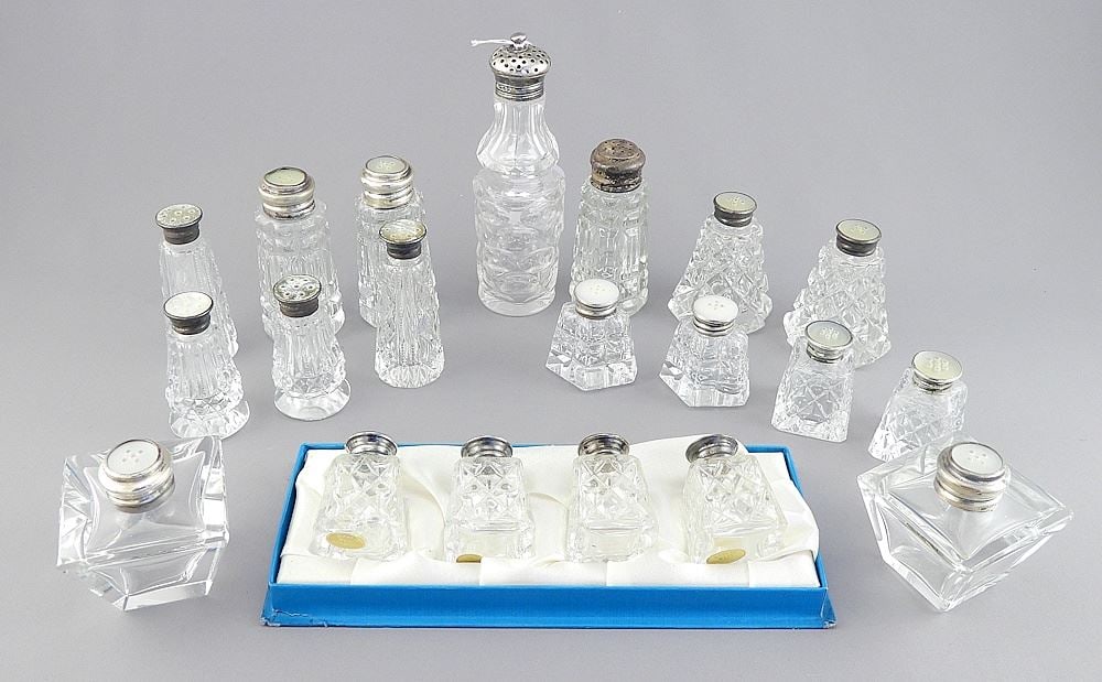 Collection of Sterling Silver Capped Crystal Salt & Pepper Shakers & Cruet Bottle.: Collection of Sterling Silver Capped Crystal Salt & Pepper Shakers & Cruet Bottle.