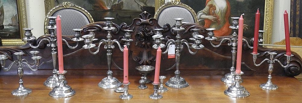 Collection of Estate Silver Plated Candlesticks & Candelabra, 2 3/4-14 1/4"h (as found). (1 of 3)