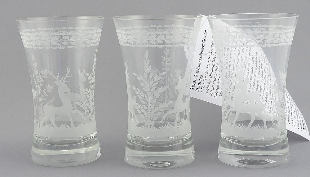 Three Lobmeyr Austria "Tiroler Hirsch" Crystal Tumblers, 5 1/2"h.: Three Lobmeyr Austria "Tiroler Hirsch" Crystal Tumblers, 5 1/2"h.
