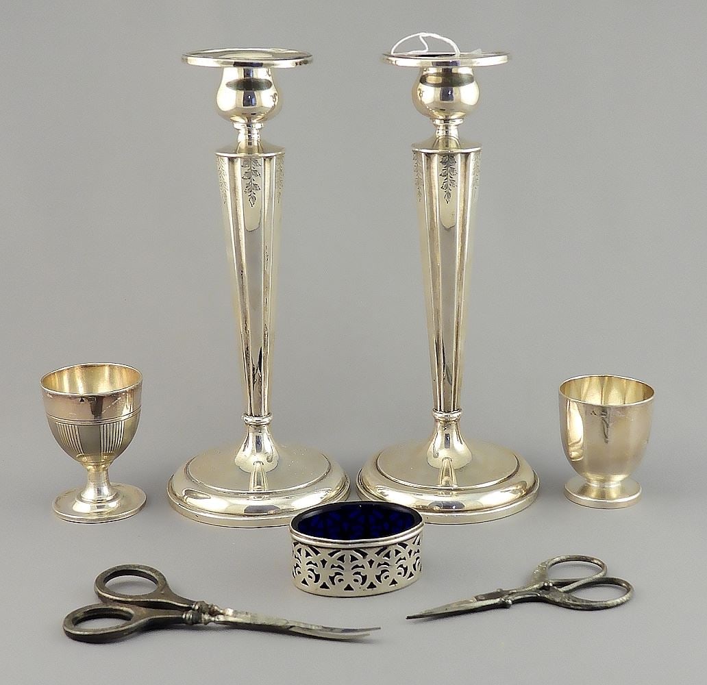 Pair of Birks Sterling Silver Weighted Candlesticks (7 5/8"h) & 800 Sundries, TW 115g. (1 of 4)