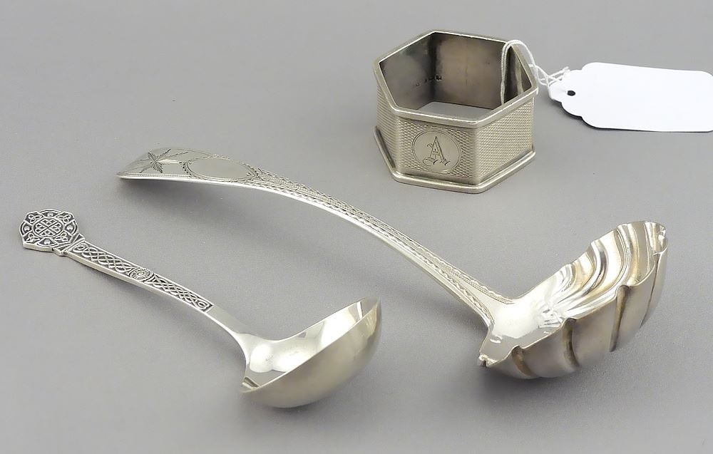 Three Hallmarked Silver Wares: Napkin Ring/Ladle/Celtic Spoon, TW 96g. (1 of 5)