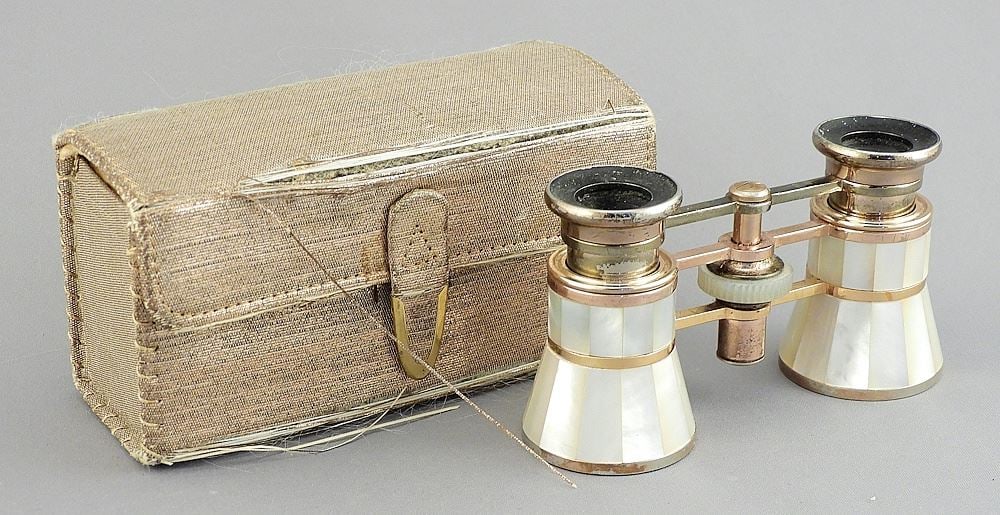 Pair of Birks 3x Mother of Pearl Opera Binoculars w/Case, 4 1/4"w (clasp noted). (1 of 3)