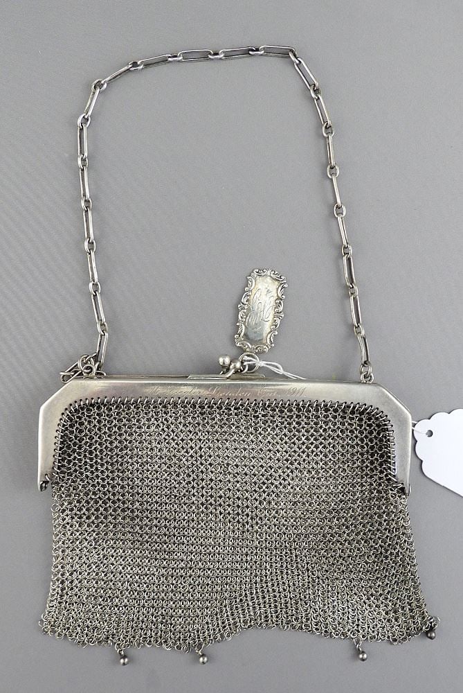 Sterling Silver (marked) Mesh Evening Bag w/1911 Inscription, 5 1/2"w, 106g. (1 of 4)