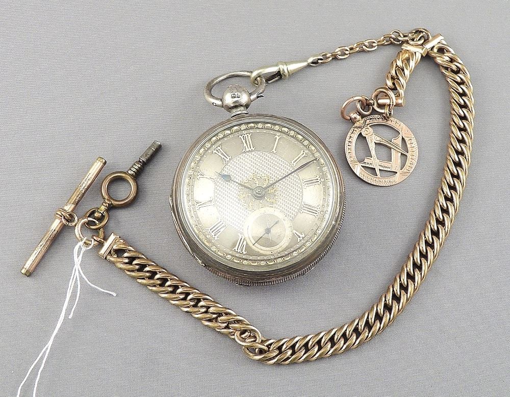 London Hallmarked Silver Hunter Cased Pocket Watch with Plated Chain & 9K Fob - W/O. (1 of 10)
