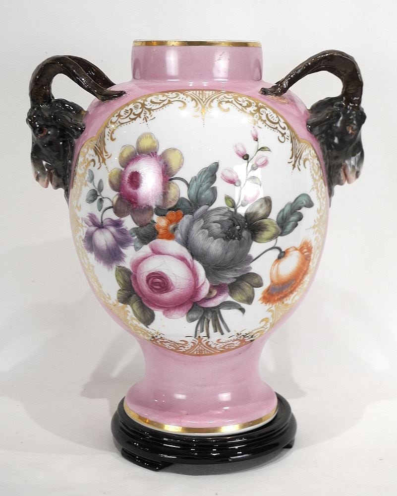 Meissen Porcelain Pale Pink Goat Mask Potpourri Vase, 13 1/2"h (crack in base).: Meissen Porcelain Pale Pink Goat Mask Potpourri Vase, 13 1/2"h (crack in base).