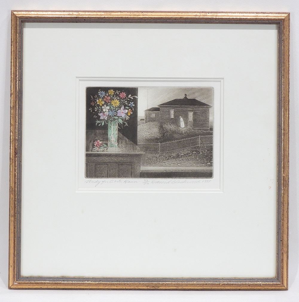 Coloured Etching signed David Blackwood 1987, 4 1/4 x 6", "Study For Gertie Hann" #33/50. (1 of 4)