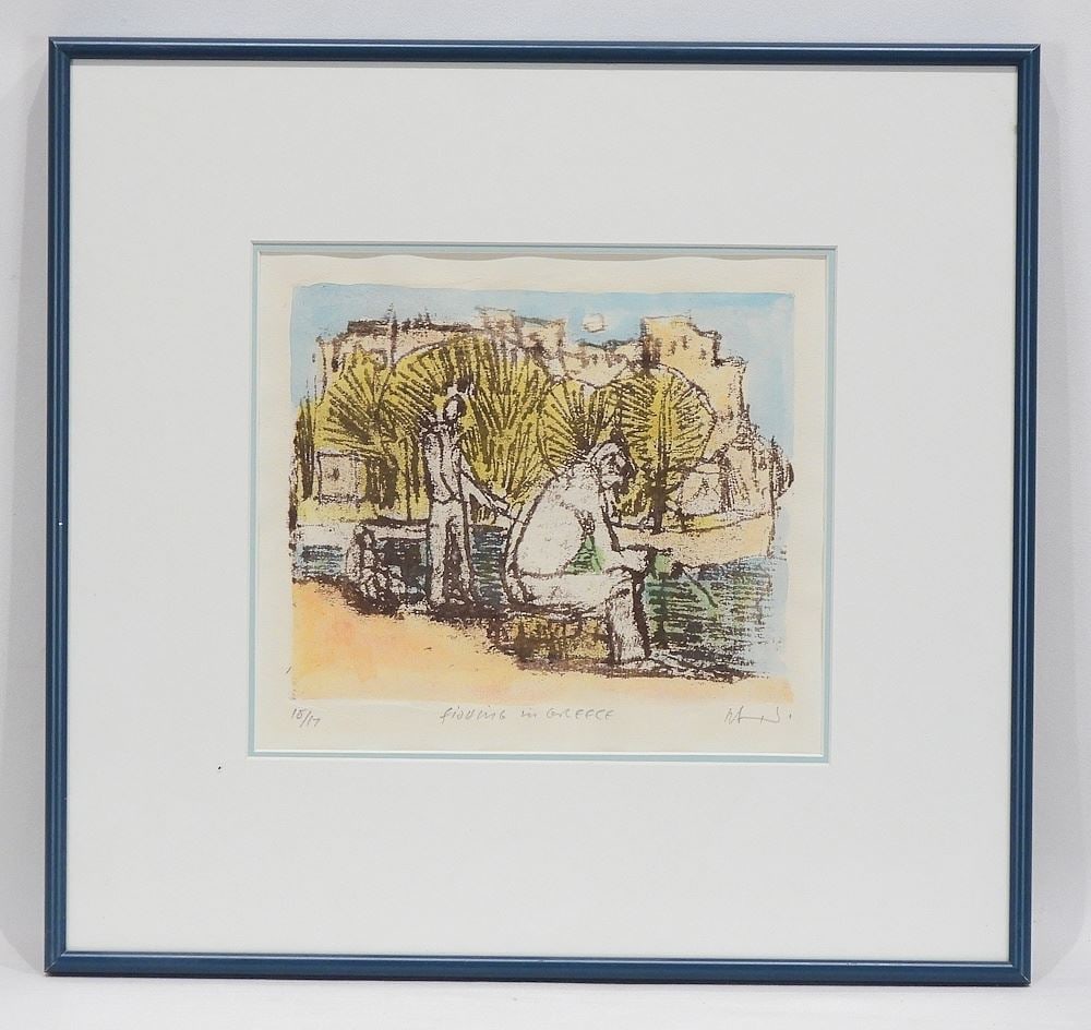 Colour Print signed H. (Herbert) Siebner, 8 1/4 x 9 3/8", "Fishing In Greece" #15/17. (1 of 4)