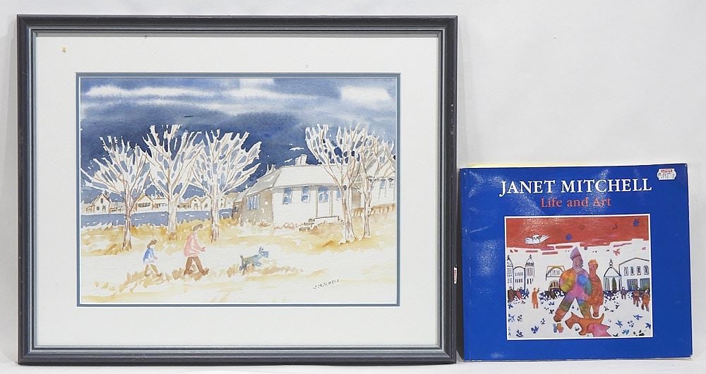 Watercolour signed J. (Janet) Mitchell, 9 7/8 x 13 7/8" "Walking The Dog" (includes book).: Watercolour signed J. (Janet) Mitchell, 9 7/8 x 13 7/8" "Walking The Dog" (includes book).