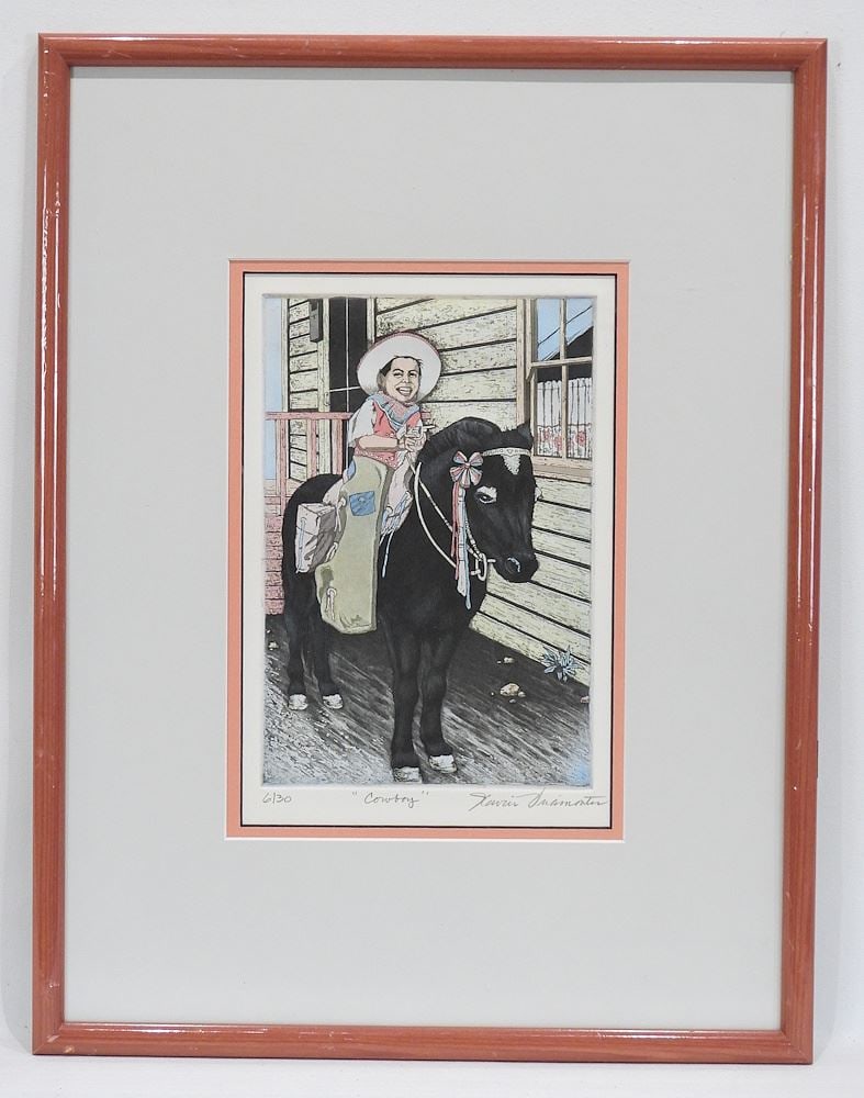 Coloured Etching signed Xavier Viramontes, 9 7/8 x 6 5/8", "Cowboy" #6/30. (1 of 3)
