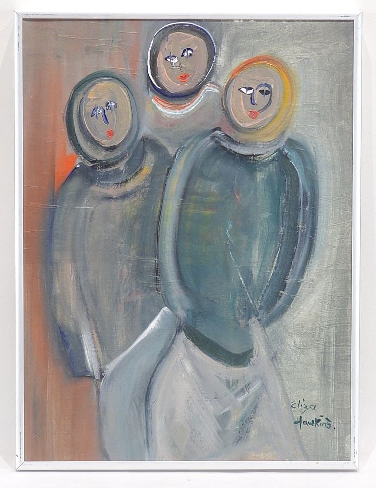 Oil on Canvas signed Eliza Hawkins, 15 1/2 x 11 5/8", "Three Figures".: Oil on Canvas signed Eliza Hawkins, 15 1/2 x 11 5/8", "Three Figures".