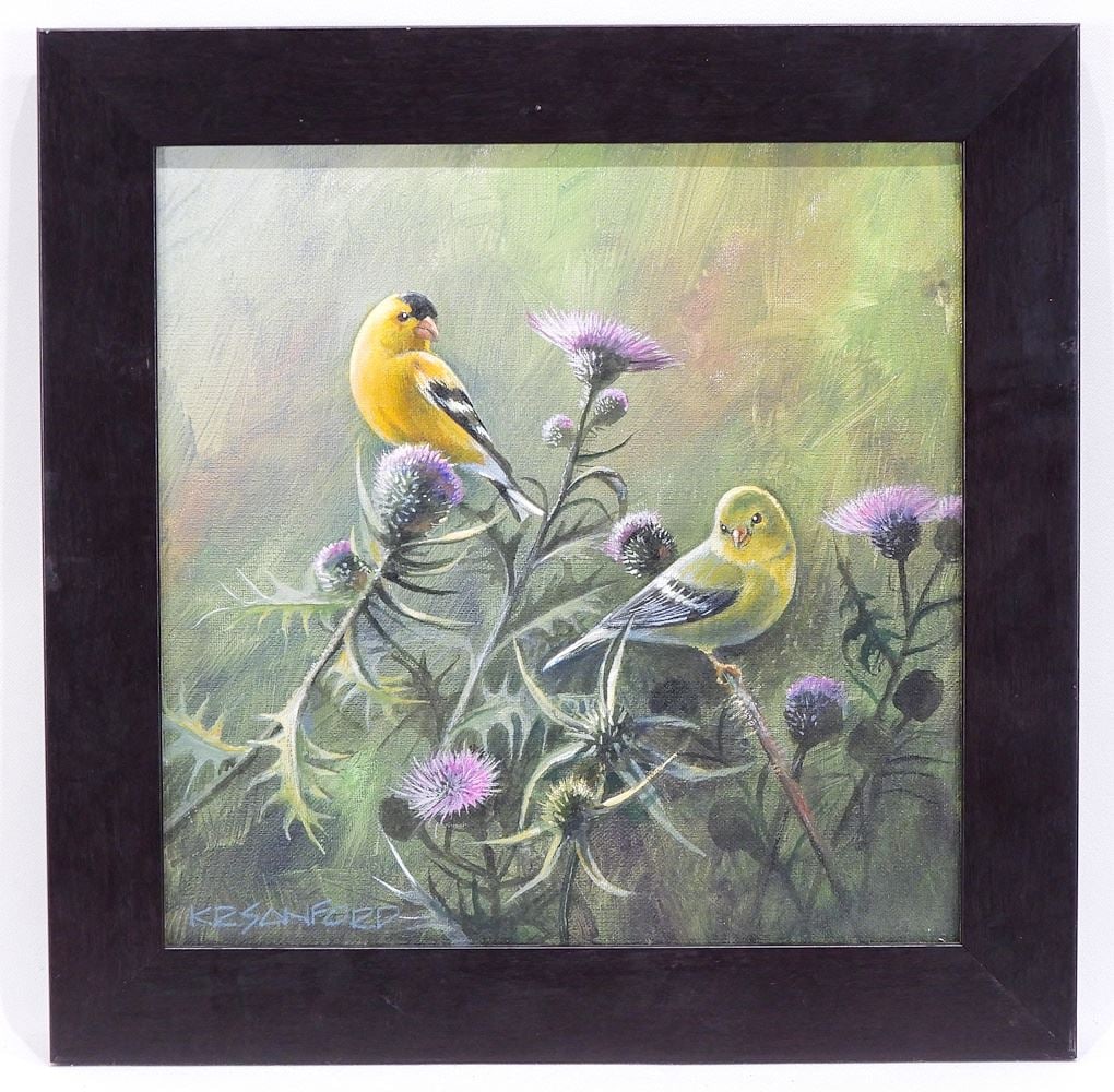 Acrylic on Canvas signed KR (Kris) Sanford, 12 x 12", "Birds in Thistles". (1 of 4)
