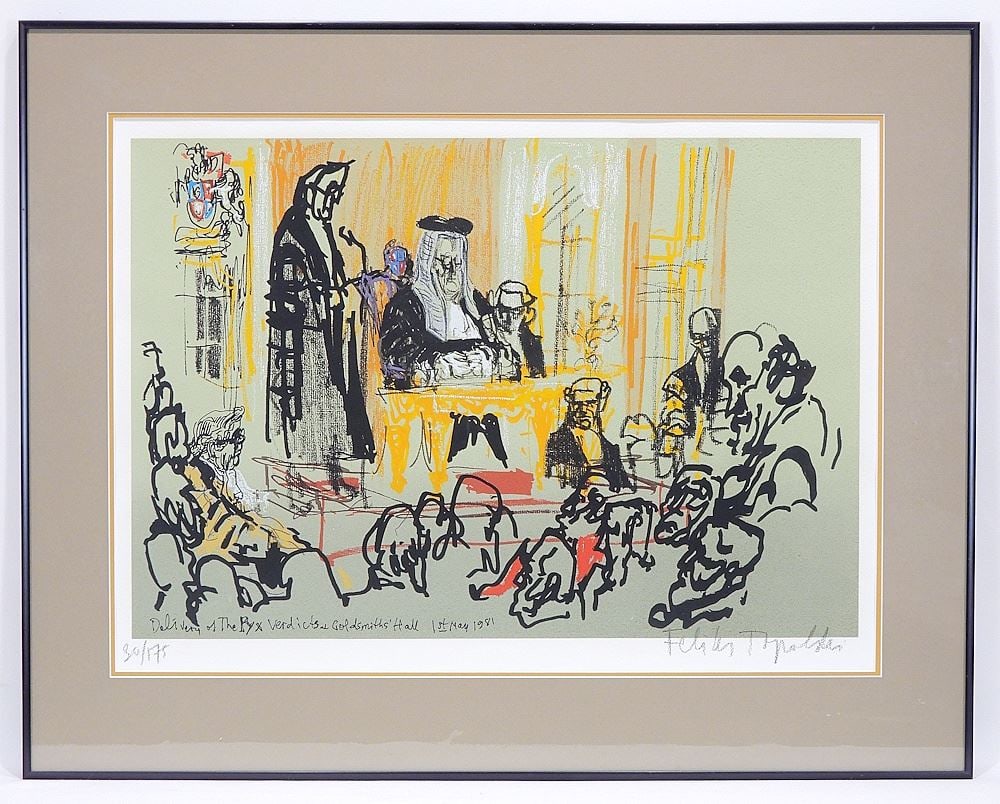 Lithograph signed Felix Topolski, 17 5/8 x 24 3/8", "Delivery of the Pyx Verdicts...". (1 of 4)