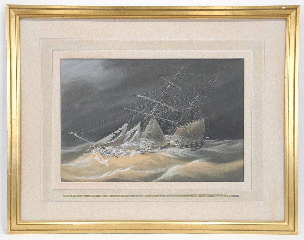Watercolour signed J. Spin, 9 x 13 1/2", "Barque in Storm". (1 of 7)