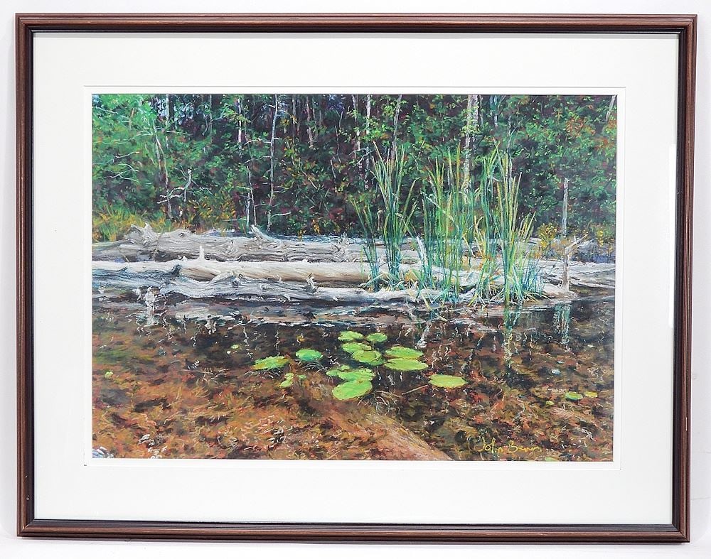 Pastel on Paper signed John Benn, 19 x 27", "Pond Edge w/Lily Pads".: Pastel on Paper signed John Benn, 19 x 27", "Pond Edge w/Lily Pads".