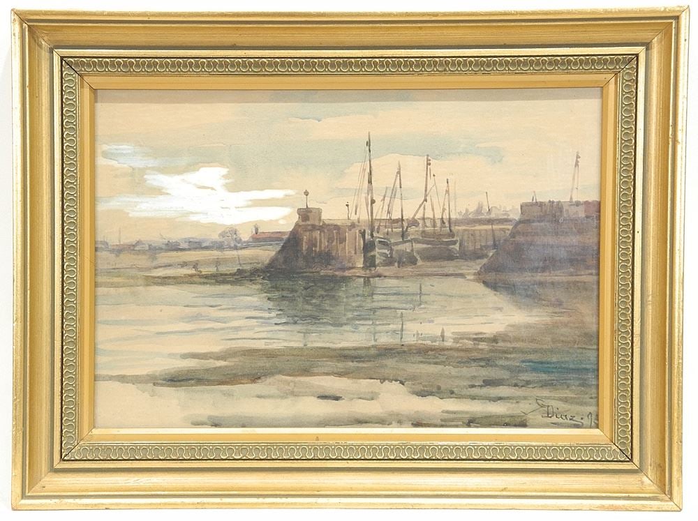 Watercolour signed C. Diaz'95, 9 1/2 x 13 1/2, "Harbour Scene".: Watercolour signed C. Diaz'95, 9 1/2 x 13 1/2, "Harbour Scene".