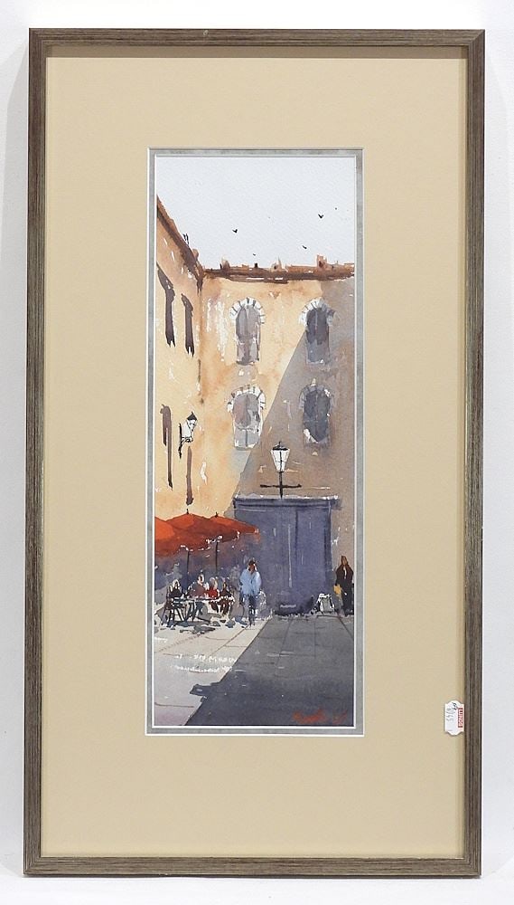 Watercolour signed Sandhu (Singh), 14 1/4 x 5" "Street Scene". (1 of 5)