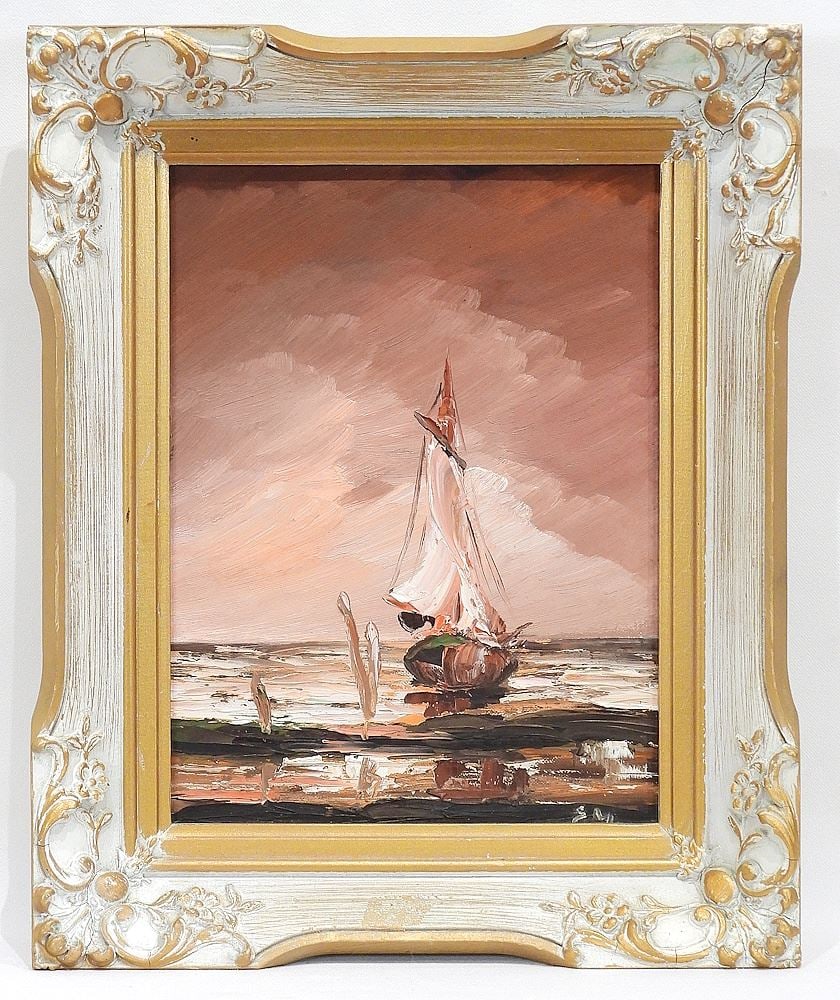 Oil on Board Monogrammed EM (Ernest Marza), 12 x 9", "Fishing Boat, Low Tide". (1 of 5)