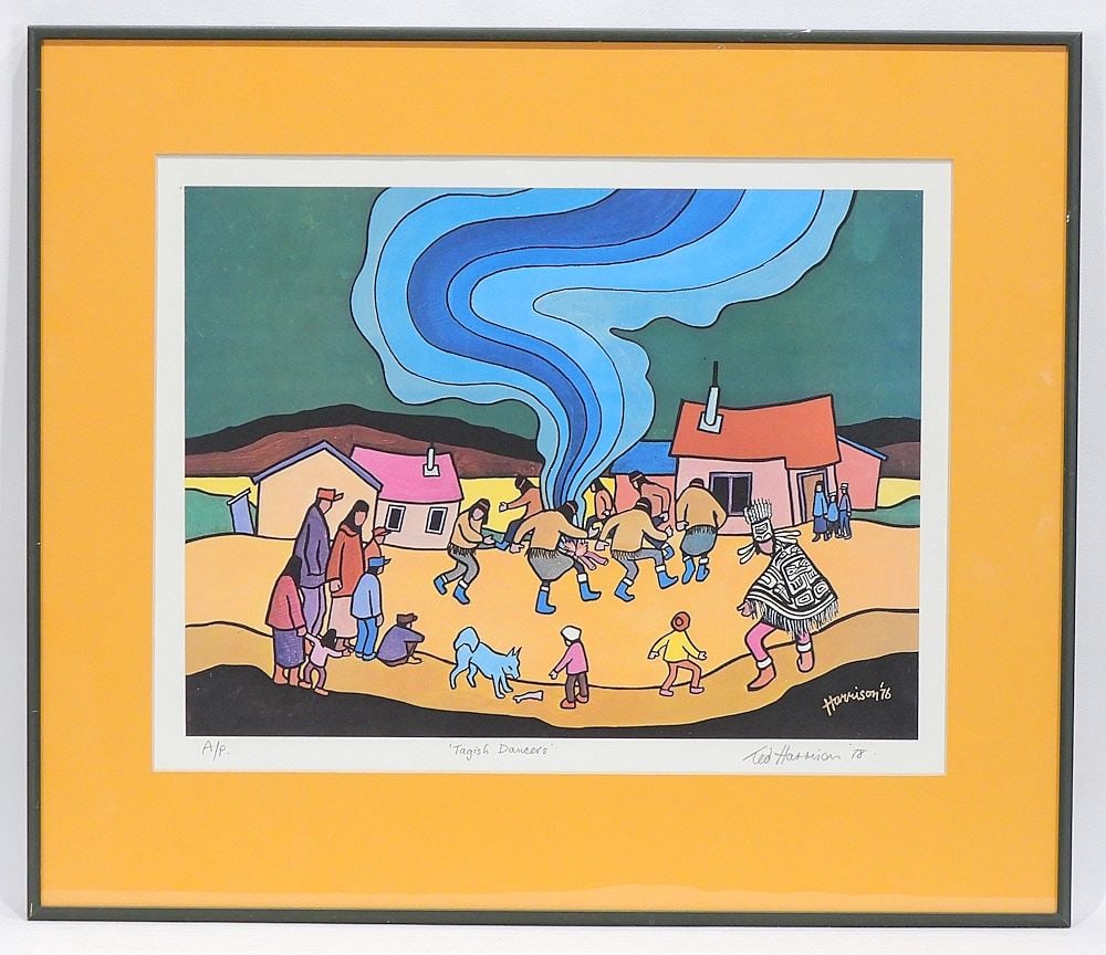 Colour Print signed Ted Harrison '78 , 12 1/8 x 15 3/4", "Tagish Dancers" , A/P. (1 of 5)