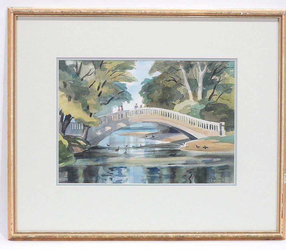 Watercolour signed Walter Coucill, 9 3/4 x 14", "Olympic Bridge Center Island To.".: Watercolour signed Walter Coucill, 9 3/4 x 14", "Olympic Bridge Center Island To.".