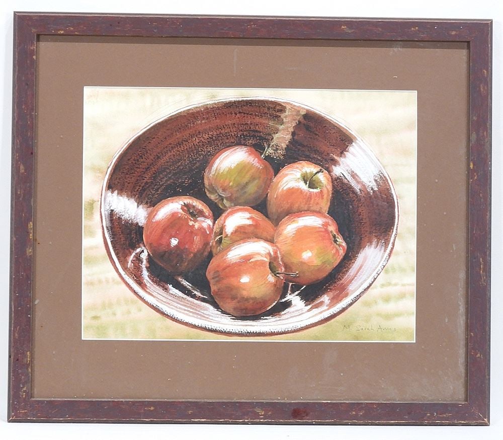 Mixed Media on paper signed M. Sarah Amos, 10 3/8 x 13 3/4", "Bowl of Apples". (1 of 4)