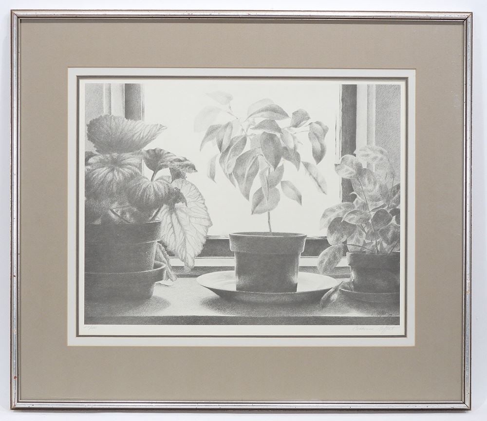 Lithograph signed Catherine Moffat, 15 1/8 x 19 1/2" "Plants on Window Sill". (1 of 4)