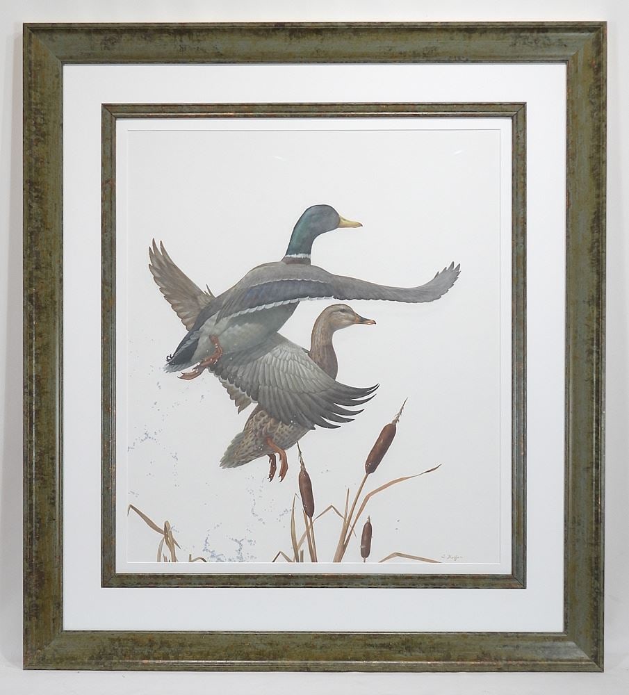 Acrylic on Paper signed (Lula) Raffin '84, 29 x 25" "Ducks Landing" (1 of 4)