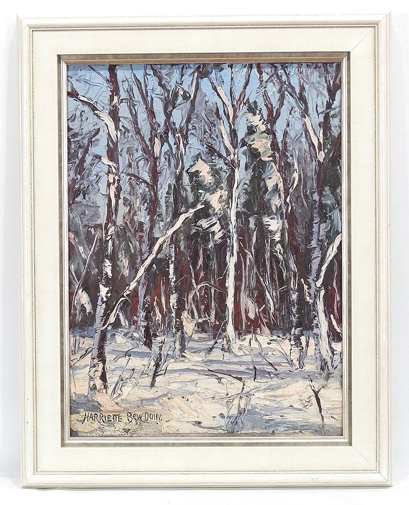 Oil on Board signed Harriette Bowdoin, 12 x 16", "Wooded Snowscape ". (1 of 3)