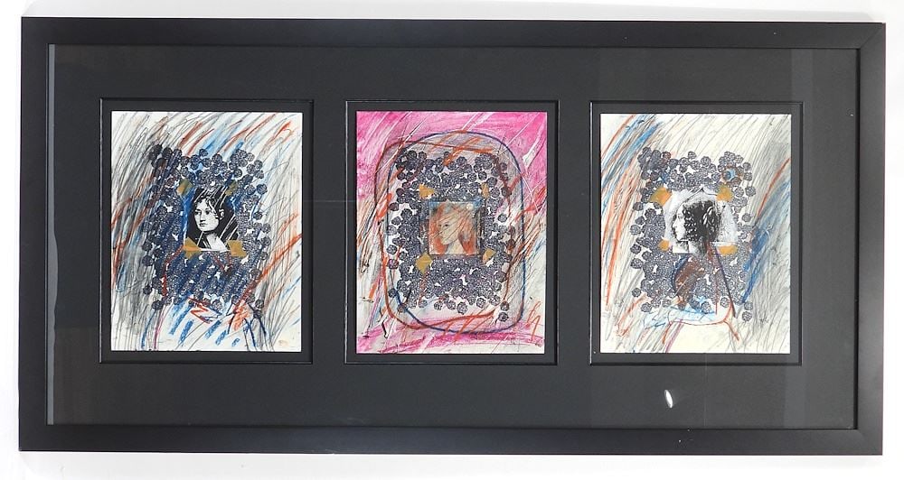 Mixed Media on Paper Triptych signed (James) Lindsay, Each 14 x 11 1/4", "Three Portraits". (1 of 6)