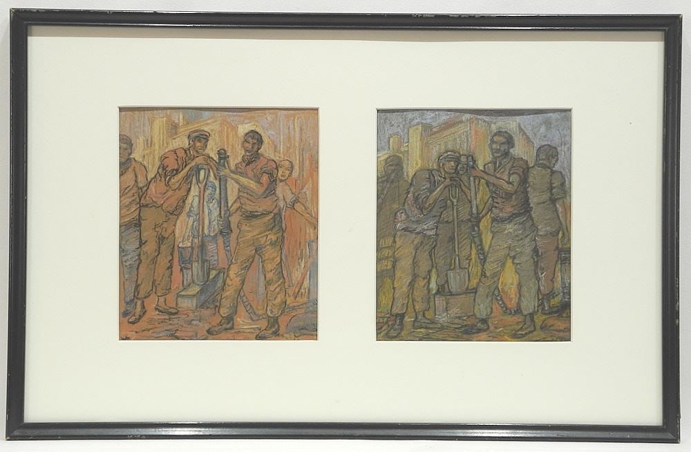 Two Mixed Media on Paper Attributed to Pendray, Both 7 3/4" x 6 1/2", "Workers". (1 of 3)