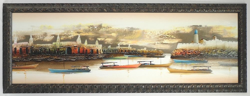 Acrylic on Canvas signed Low '92, 17 1/2 x 56 1/2", "Harbour Scene".: Acrylic on Canvas signed Low '92, 17 1/2 x 56 1/2", "Harbour Scene".