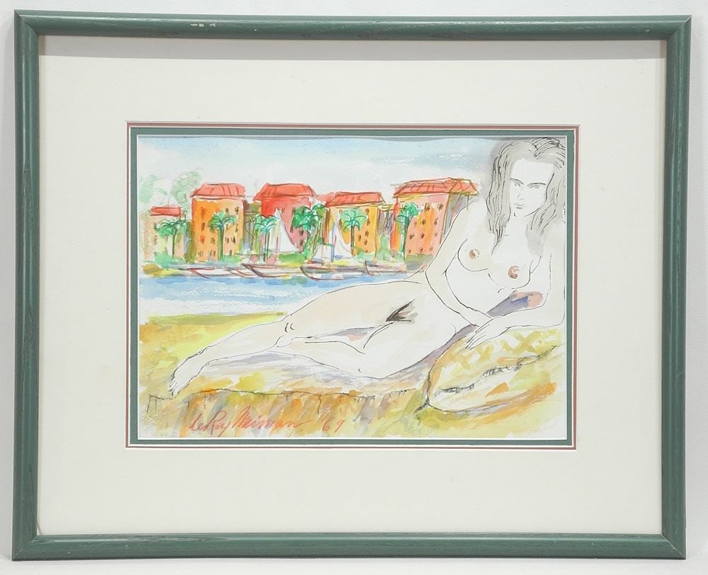 Watercolour signed Leroy Neiman'69, 9 1/2 x 13 1/2", "Reclining Nude on Coast".: Watercolour signed Leroy Neiman'69, 9 1/2 x 13 1/2", "Reclining Nude on Coast".