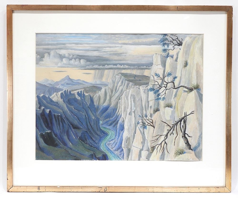 Gouache on Paper signed F.J. (Frederick Josef) Ruland, 16 3/4 x 22" "Fantastical Landscape (1 of 3)