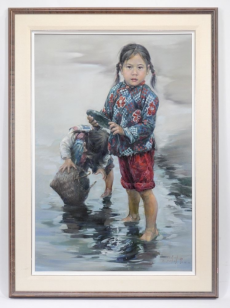 Oil on Canvas signed Kee Fung Ng, 31 x 24", "Girl With Fish".: Oil on Canvas signed Kee Fung Ng, 31 x 24", "Girl With Fish".