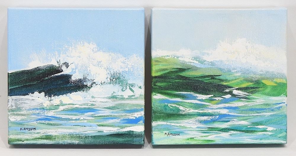 Two Acrylic on Canvas signed K. (Kathryn) Amisson, 8 x 8", " Ocean I & II". (1 of 6)
