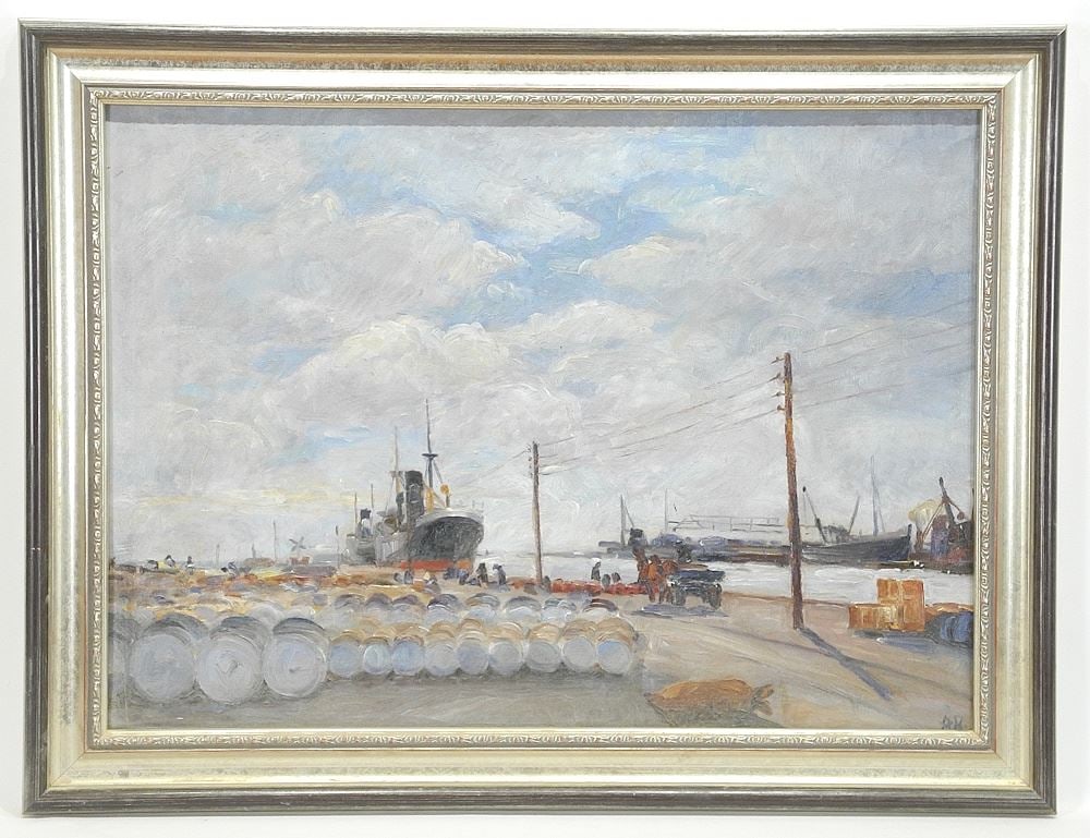 Oil on Canvas Monogrammed AR (Aage Rasmussen), 18 x 24 3/4", "Danish Harbour Scene". (1 of 5)