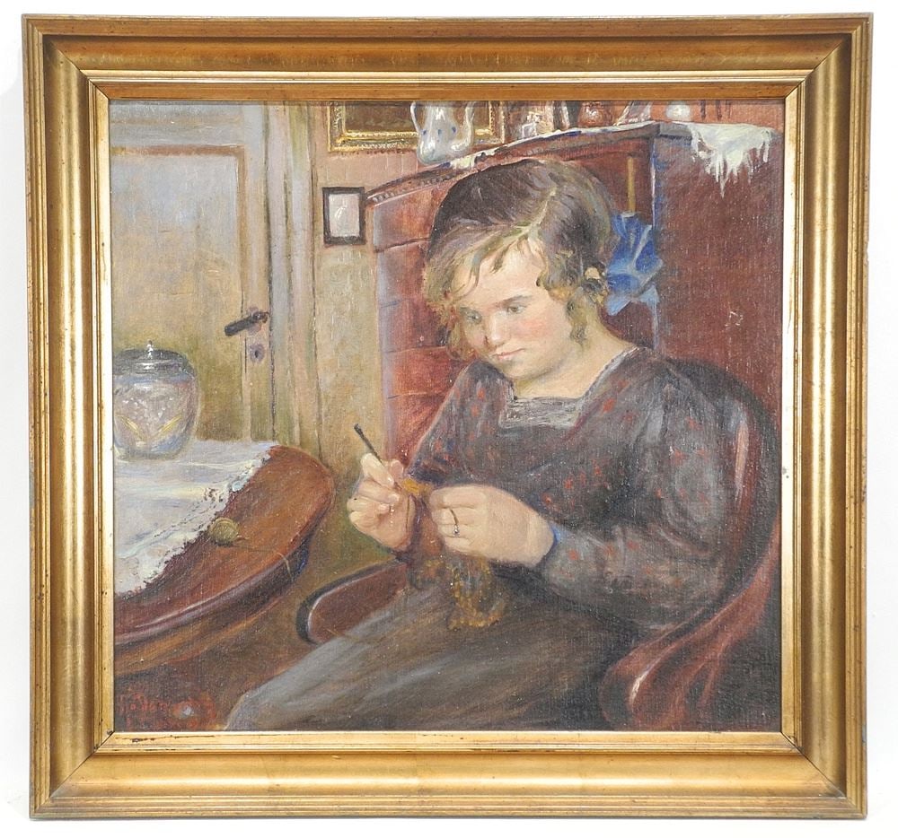 Oil on Board signed H. Denholm, 18 1/2 x 19 1/2", "Young Girl Crocheting".: Oil on Board signed H. Denholm, 18 1/2 x 19 1/2", "Young Girl Crocheting".