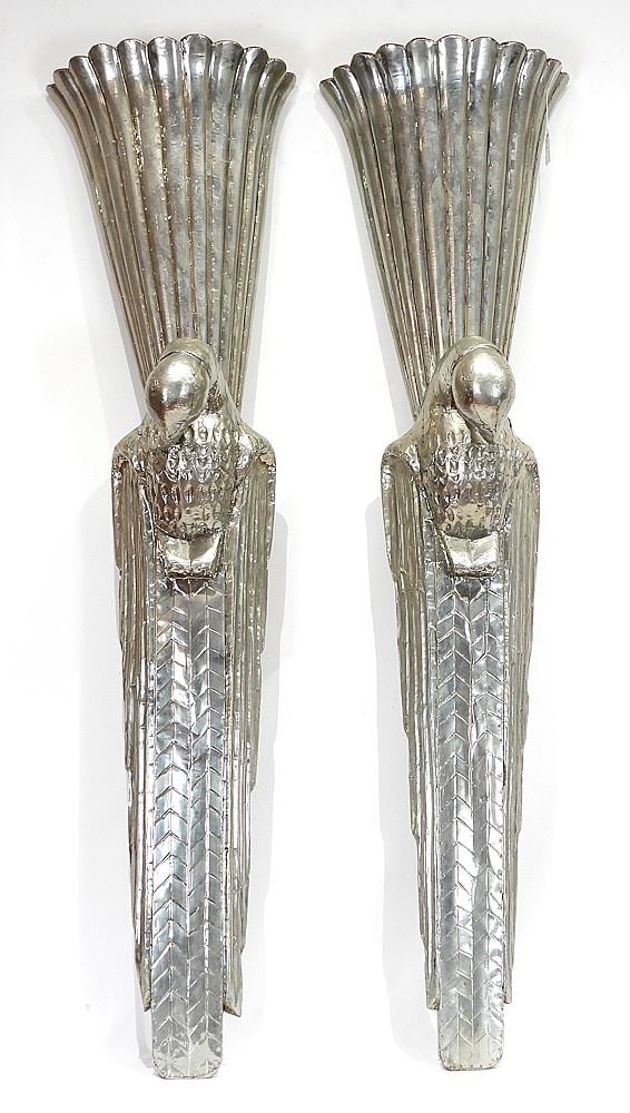 Pair of Art Deco Style Silvered Metal Wrapped Bird Form Sconces, 51"h (1 of 5)